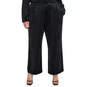 Calvin Klein Women's Plus Size Pleat Front Velour Wide-Leg Pull-On Pants Blk 0X